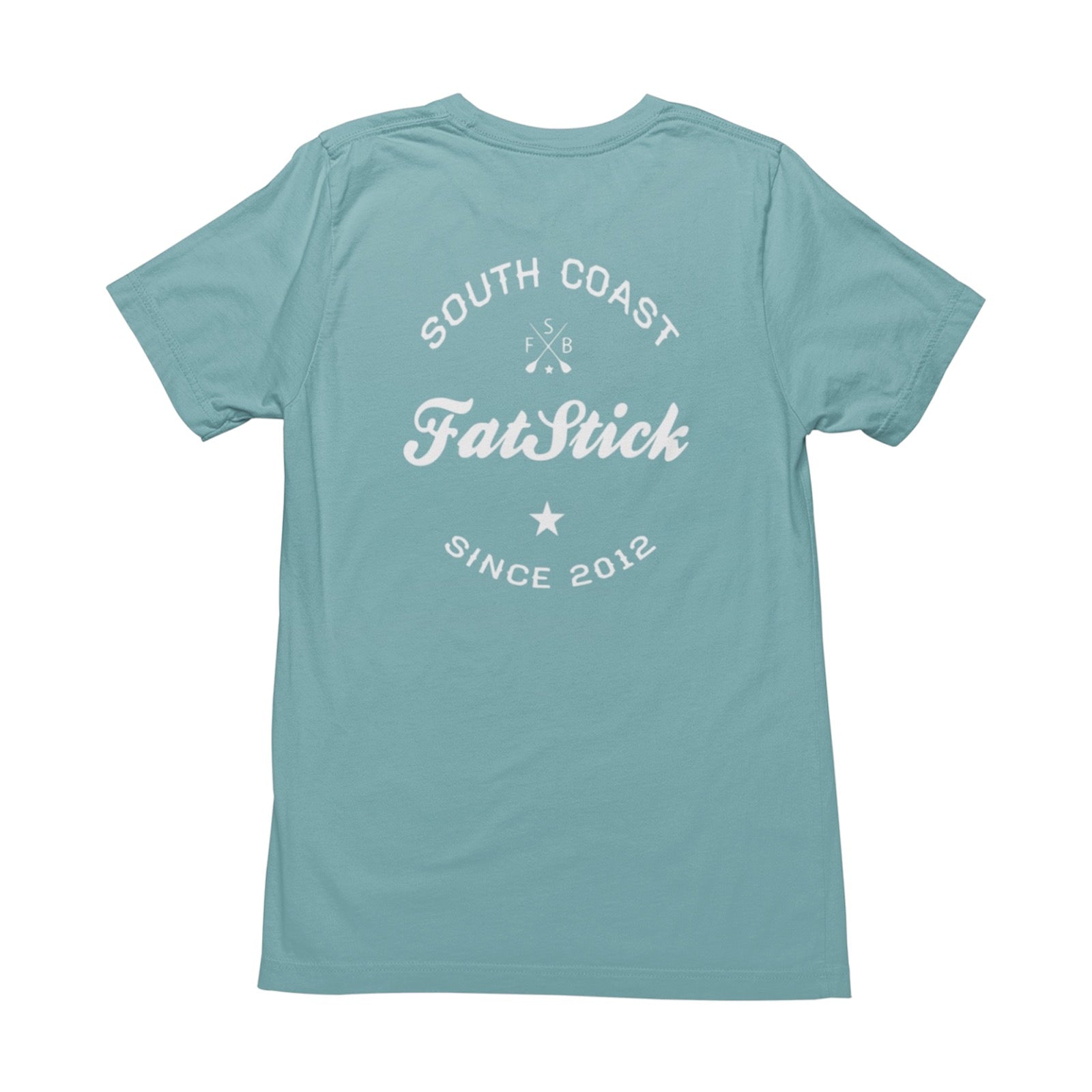 Back of light blue FatStick South Coast Lifestyle T-Shirt with large white graphic print.