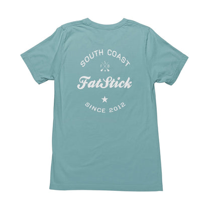 Back of light blue FatStick South Coast Lifestyle T-Shirt with large white graphic print.