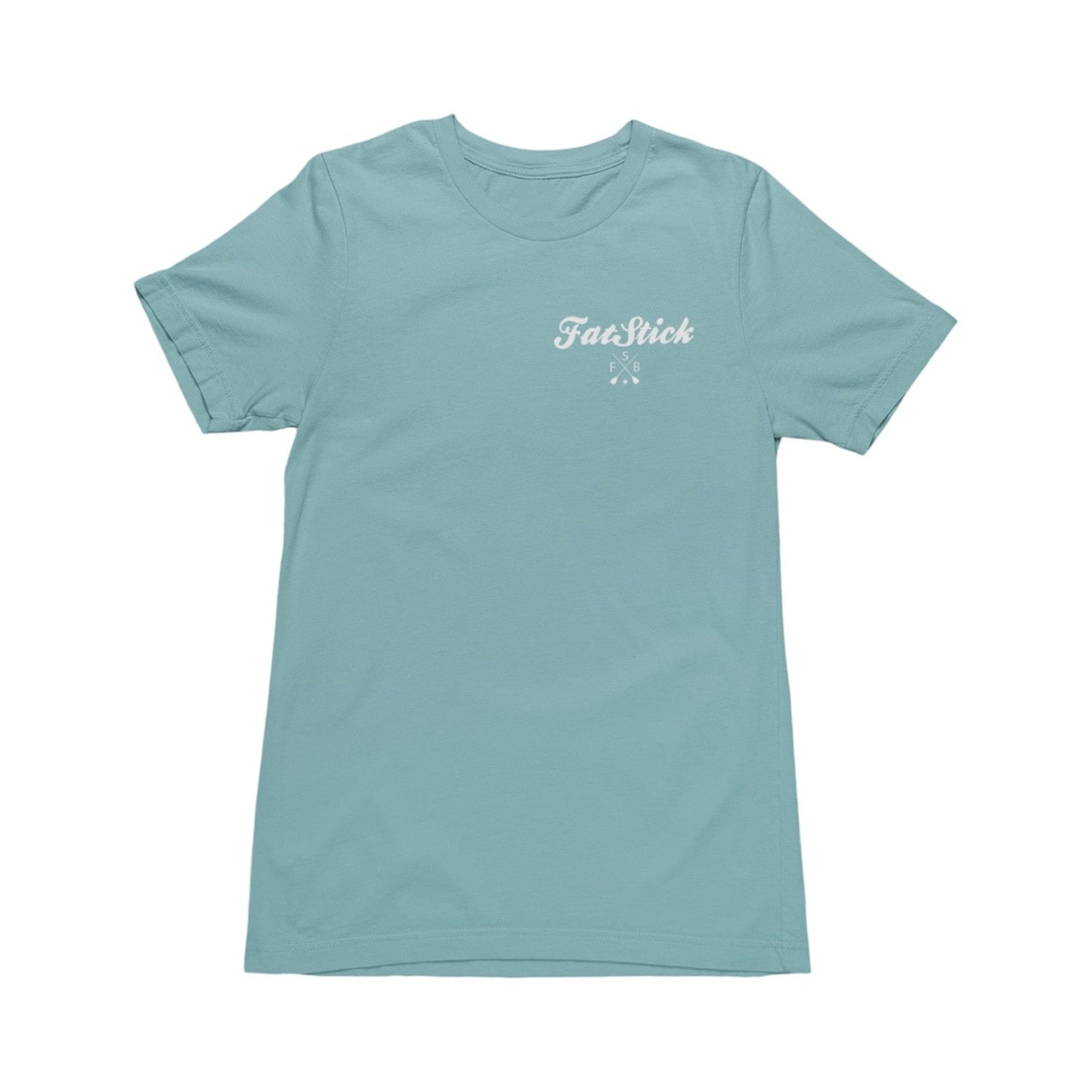 Front of light blue FatStick South Coast Lifestyle T-Shirt with small white logo on chest.