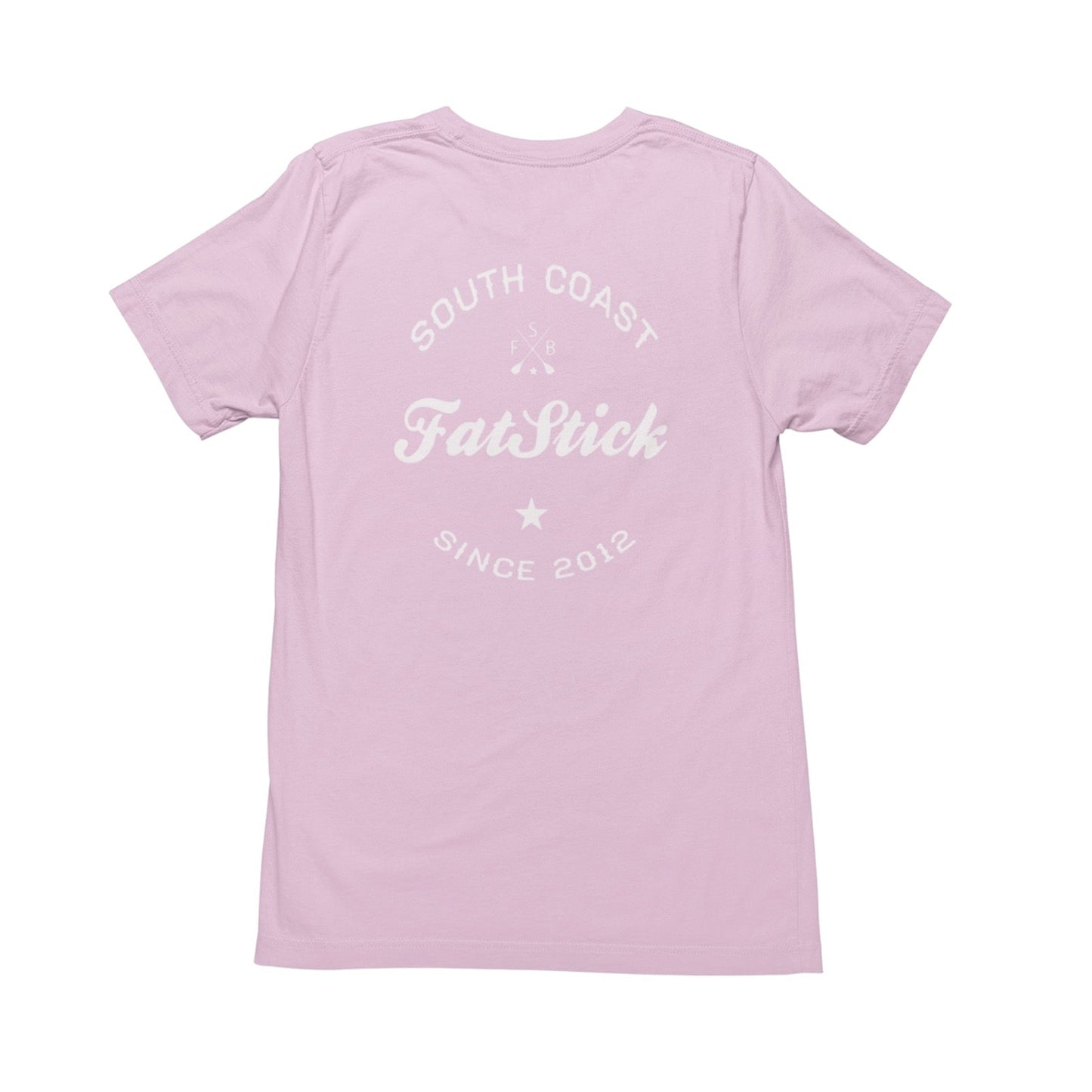 Back of light pink FatStick South Coast Lifestyle T-Shirt with large white graphic print.