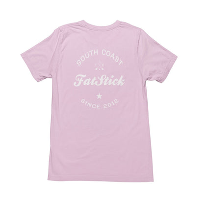 Back of light pink FatStick South Coast Lifestyle T-Shirt with large white graphic print.