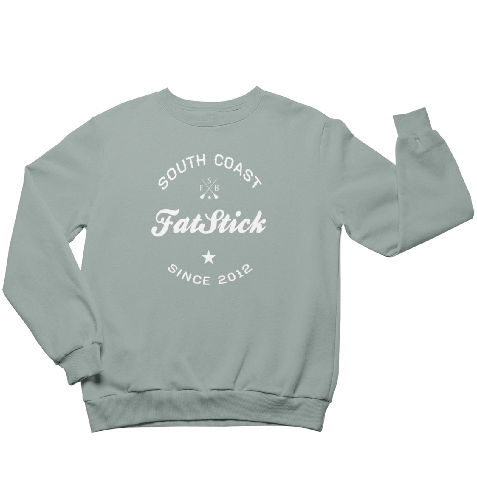 Light blue FatStick South Coast Lifestyle Sweatshirt with white logo, front view, arms outstretched against a white background.