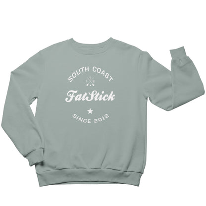 Light blue FatStick South Coast Lifestyle Sweatshirt with white logo, front view, arms outstretched against a white background.