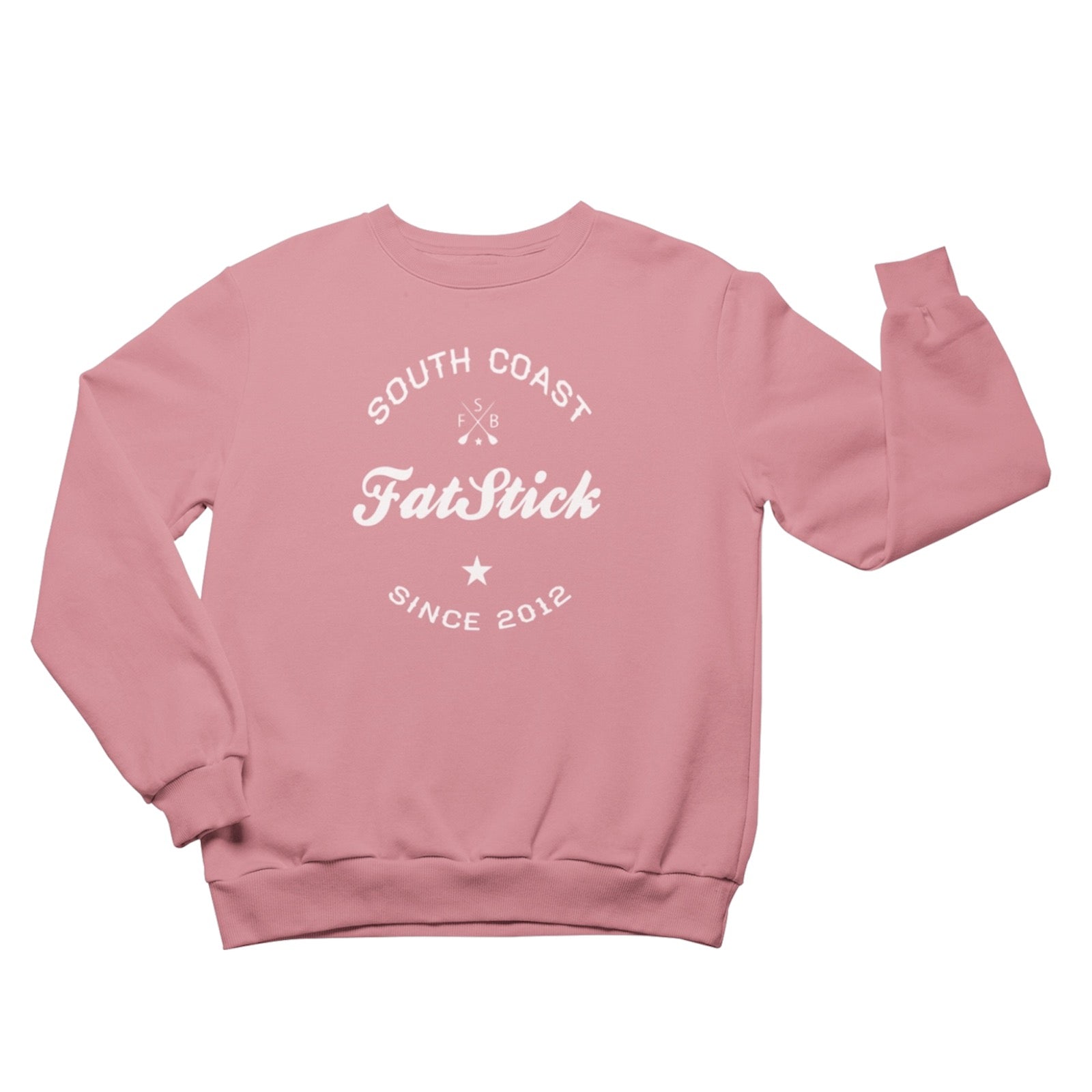 Pink FatStick South Coast Lifestyle Sweatshirt with white logo, front view, arms outstretched against a white background.