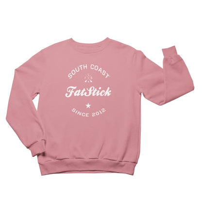 Pink FatStick South Coast Lifestyle Sweatshirt with white logo, front view, arms outstretched against a white background.