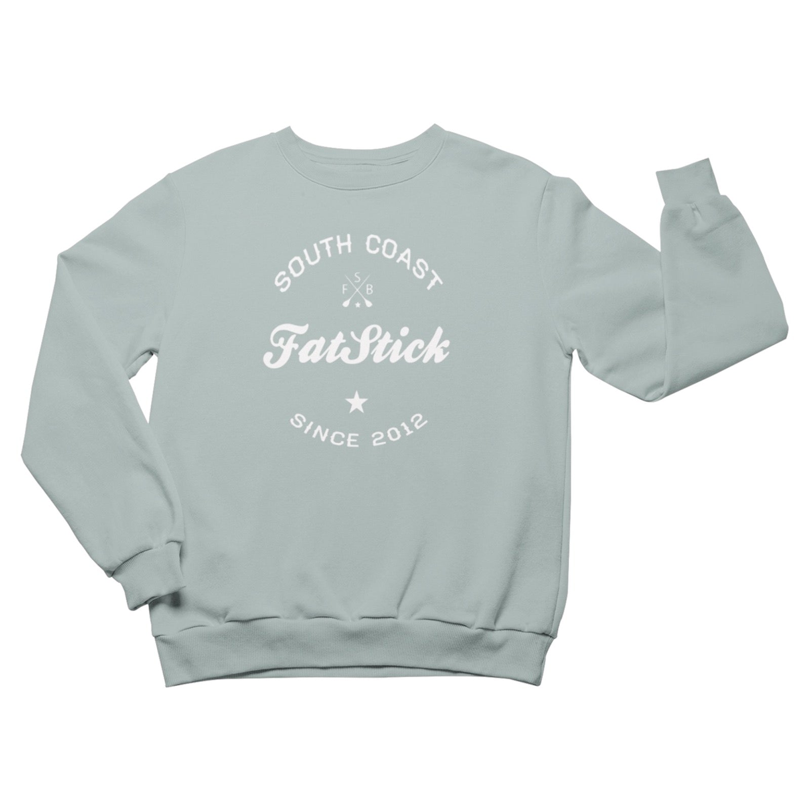 Light green FatStick South Coast Lifestyle Sweatshirt with white logo, front view, arms outstretched against a white background.