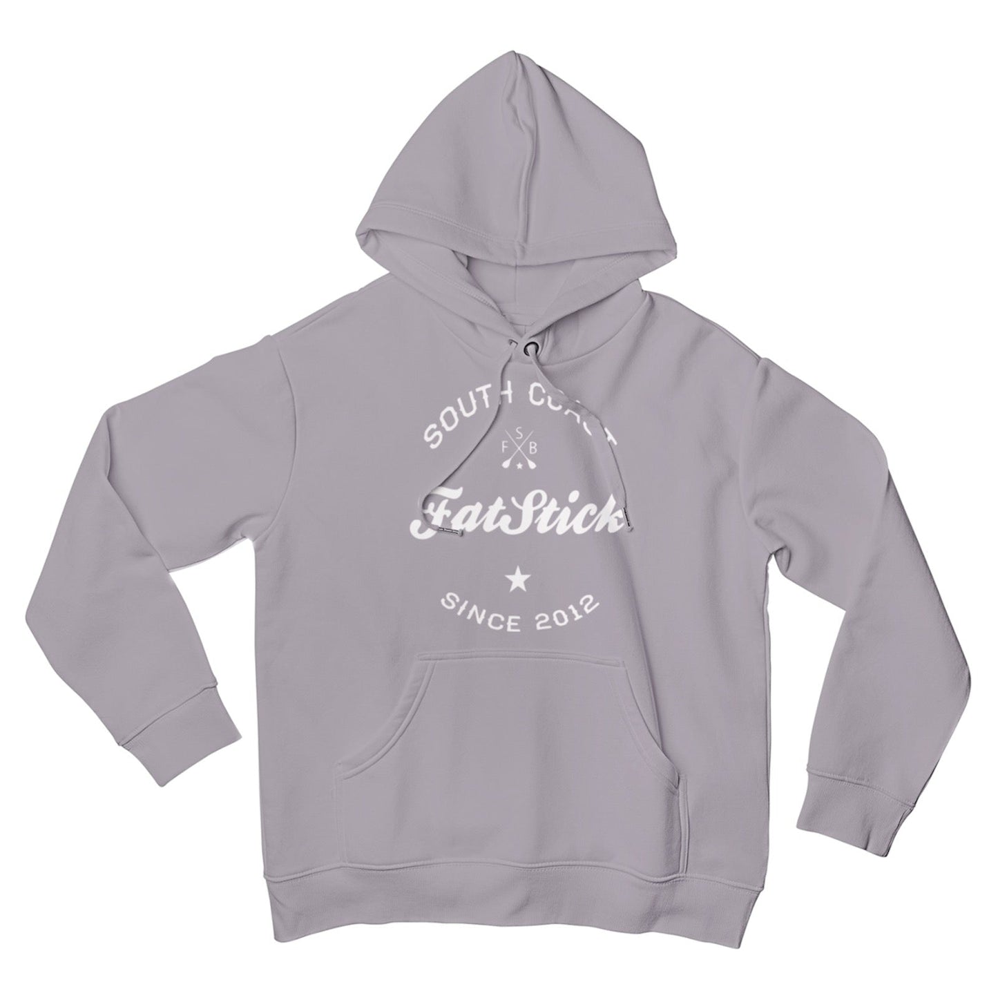 Grey FatStick South Coast Lifestyle Hoodie, front view, isolated on white background, highlighting the distinct logo and relaxed fit