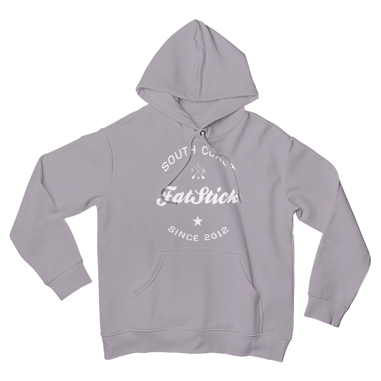 Grey FatStick South Coast Lifestyle Hoodie, front view, isolated on white background, highlighting the distinct logo and relaxed fit