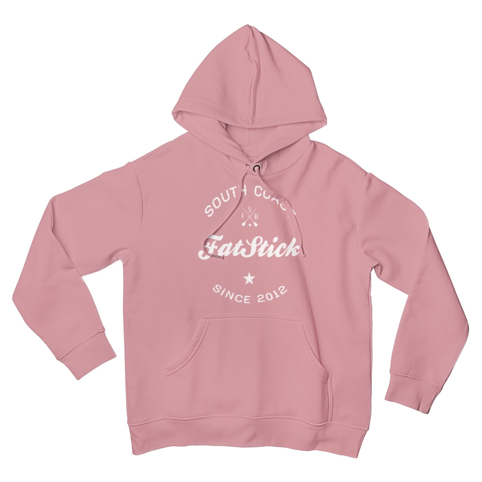 Pink FatStick South Coast Lifestyle Hoodie, front view, isolated on white background, showcasing the bold logo and soft fabric