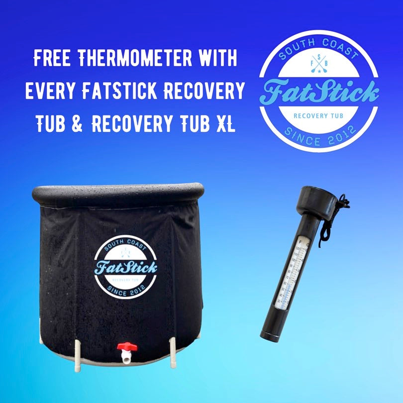 FatStick Recovery Ice Bath with free thermometer and brand logo on a blue background.