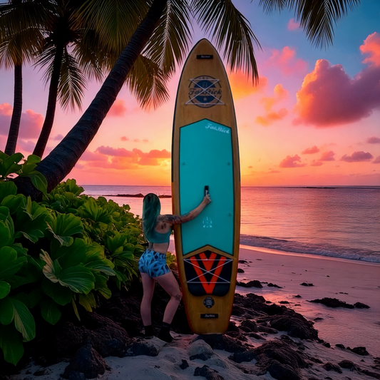 Woman standing with FatStick Wooden Menace 11'2 paddle board, admiring a beautiful sunset over the ocean. Palm trees and lush greenery frame the scene.