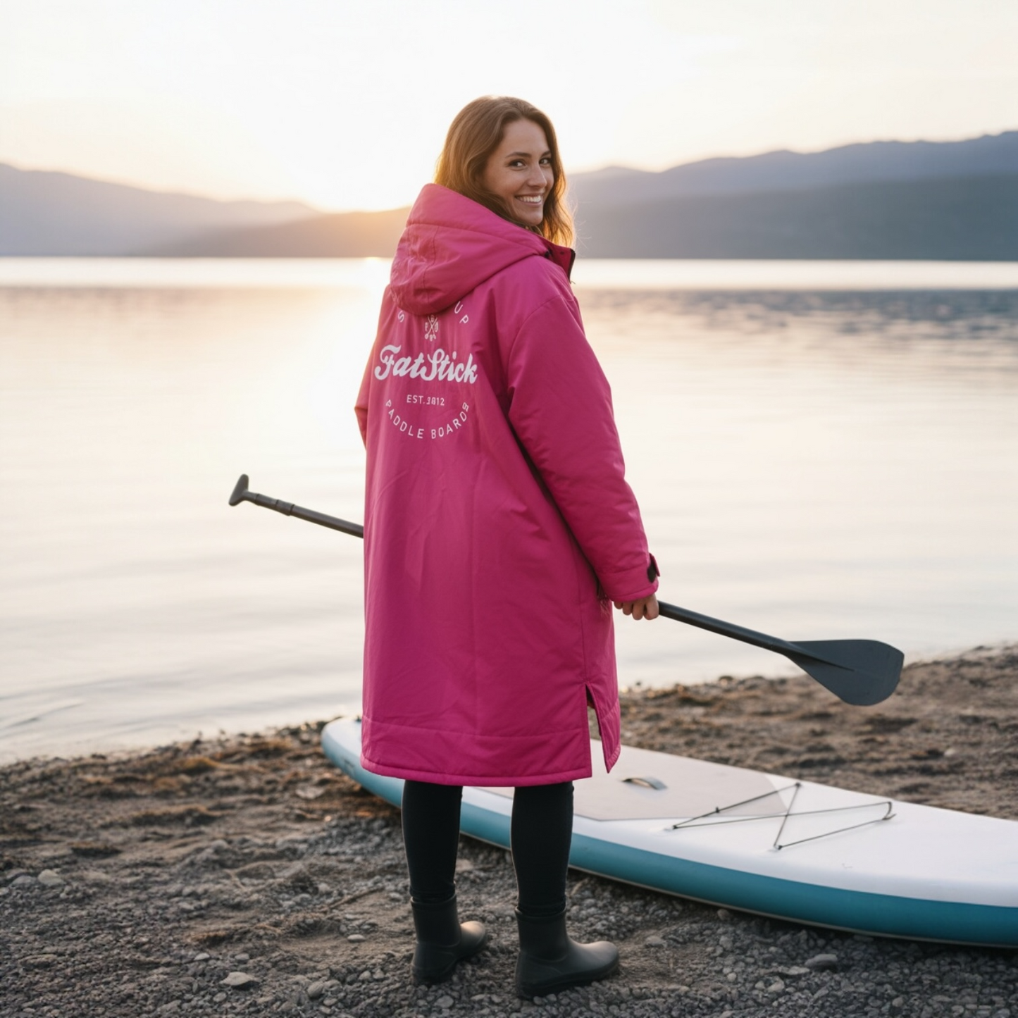Side view of a woman in a pink FatWrap recycled fleece changing robe holding a paddle with a lake view background.