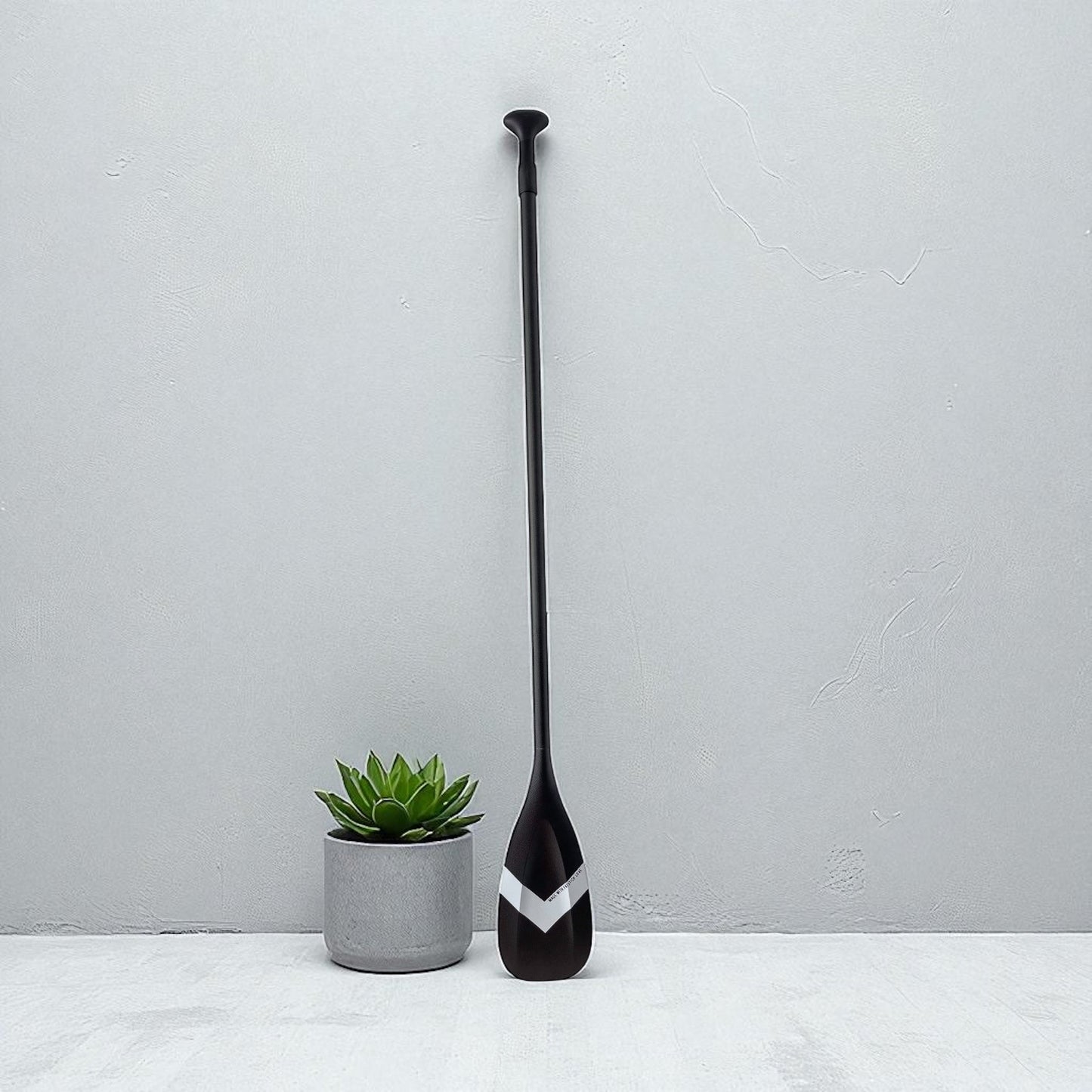 Full length shot of black FatStick full carbon 2 piece paddle board with blade and handle.