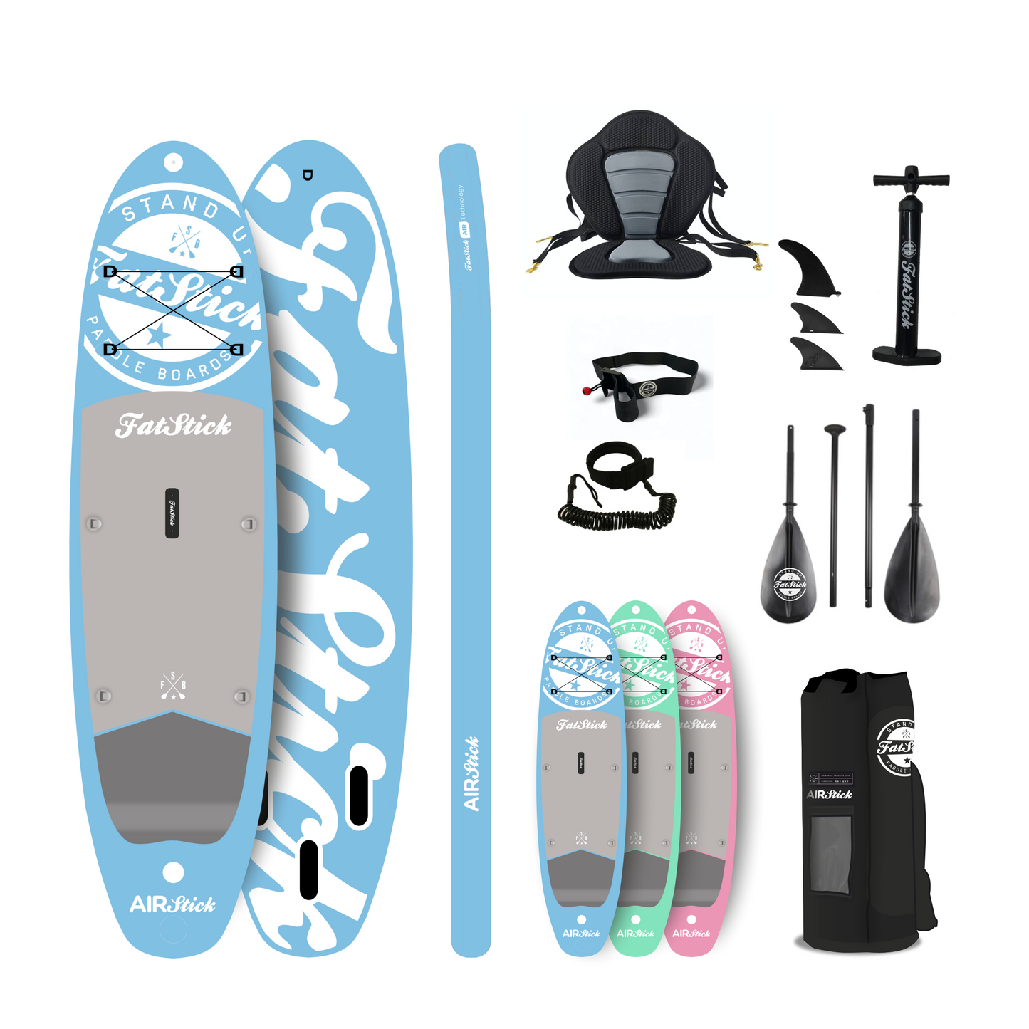 Top-down view of the blue AirStick 10'6 inflatable stand up paddle board, with included accessories like a paddle, pump, fins, and carry bag.