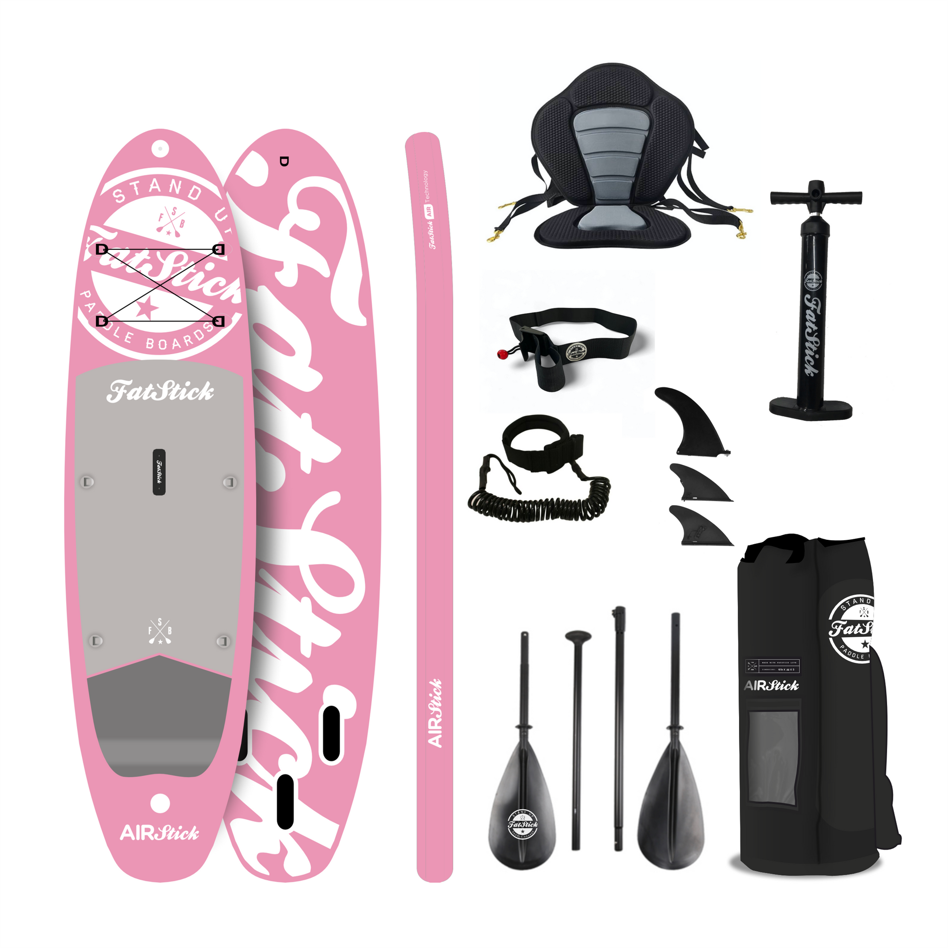 Top-down view of the pink AirStick 10'6 inflatable stand up paddle board, with included accessories like a paddle, pump, fins, and carry bag.