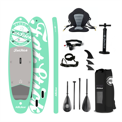 Top-down view of the mint green AirStick 10'6 inflatable stand up paddle board, with included accessories like a paddle, pump, fins, and carry bag.