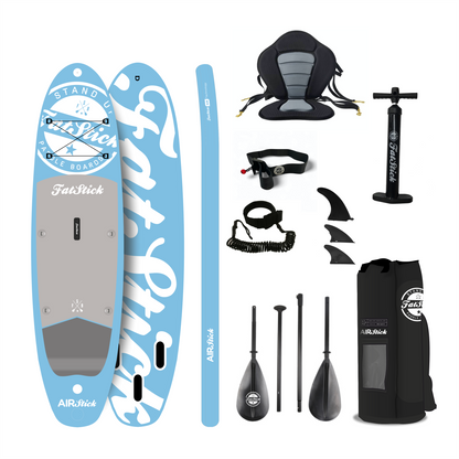Top-down view of all three AirStick 10'6 inflatable stand up paddle boards in blue, mint green, and pink, with accessories.