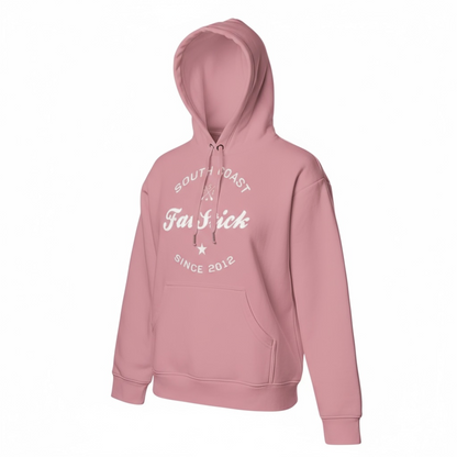 Pink FatStick South Coast Lifestyle Hoodie, angled side view, showcasing the comfortable design and spacious front pocket