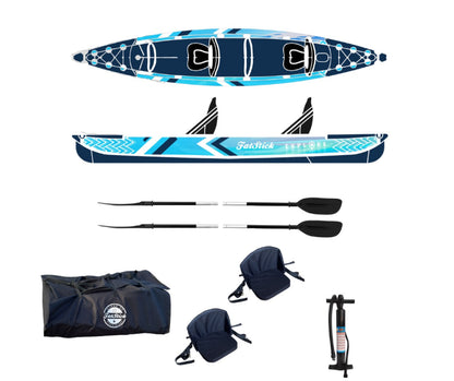 Top and side view of inflatable 1-2 person drop stitch kayak package canoe ikayak showcasing all components.