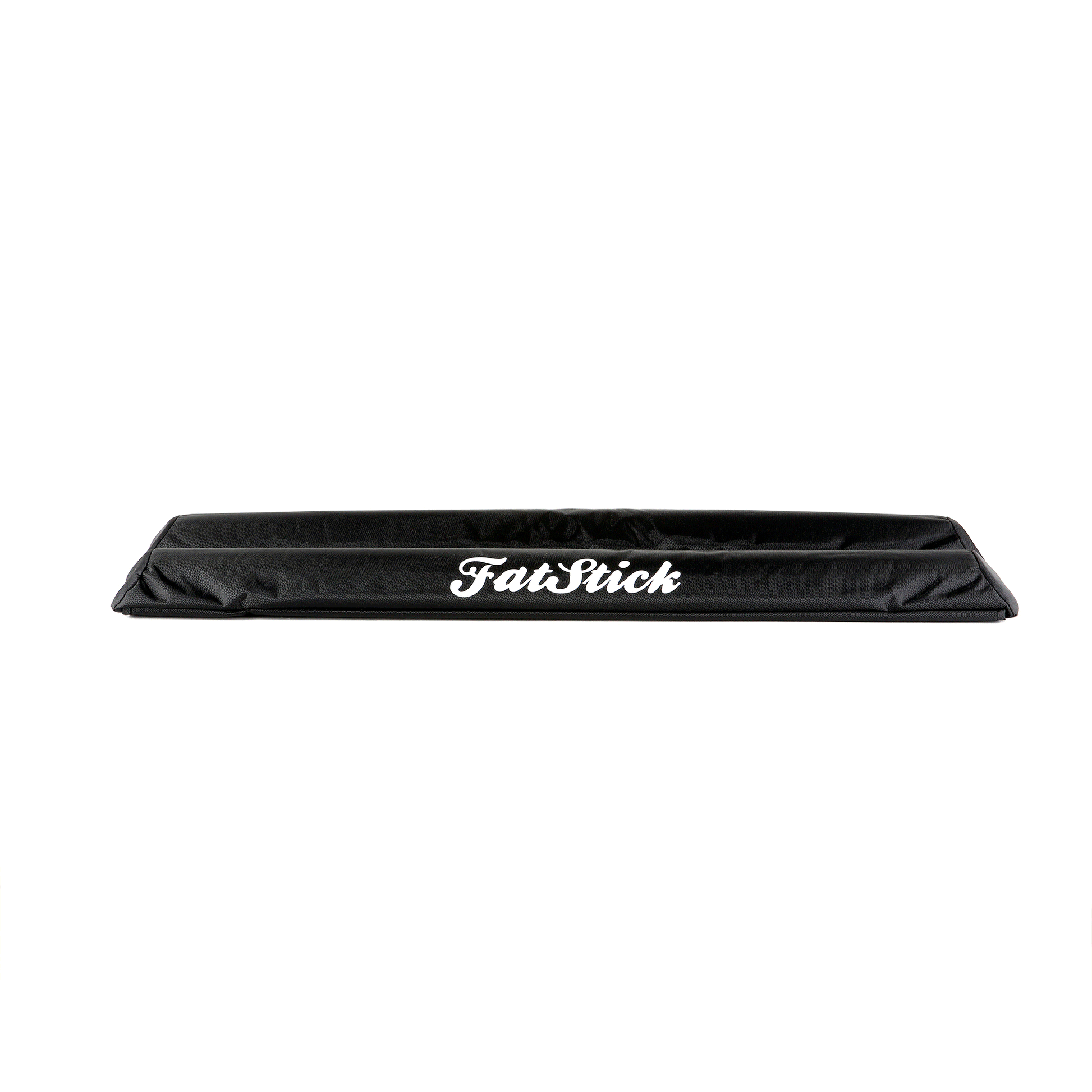 Top down elevated view of black FatStick Long Aero Roof Rack Bar Pads 71cm with white logo