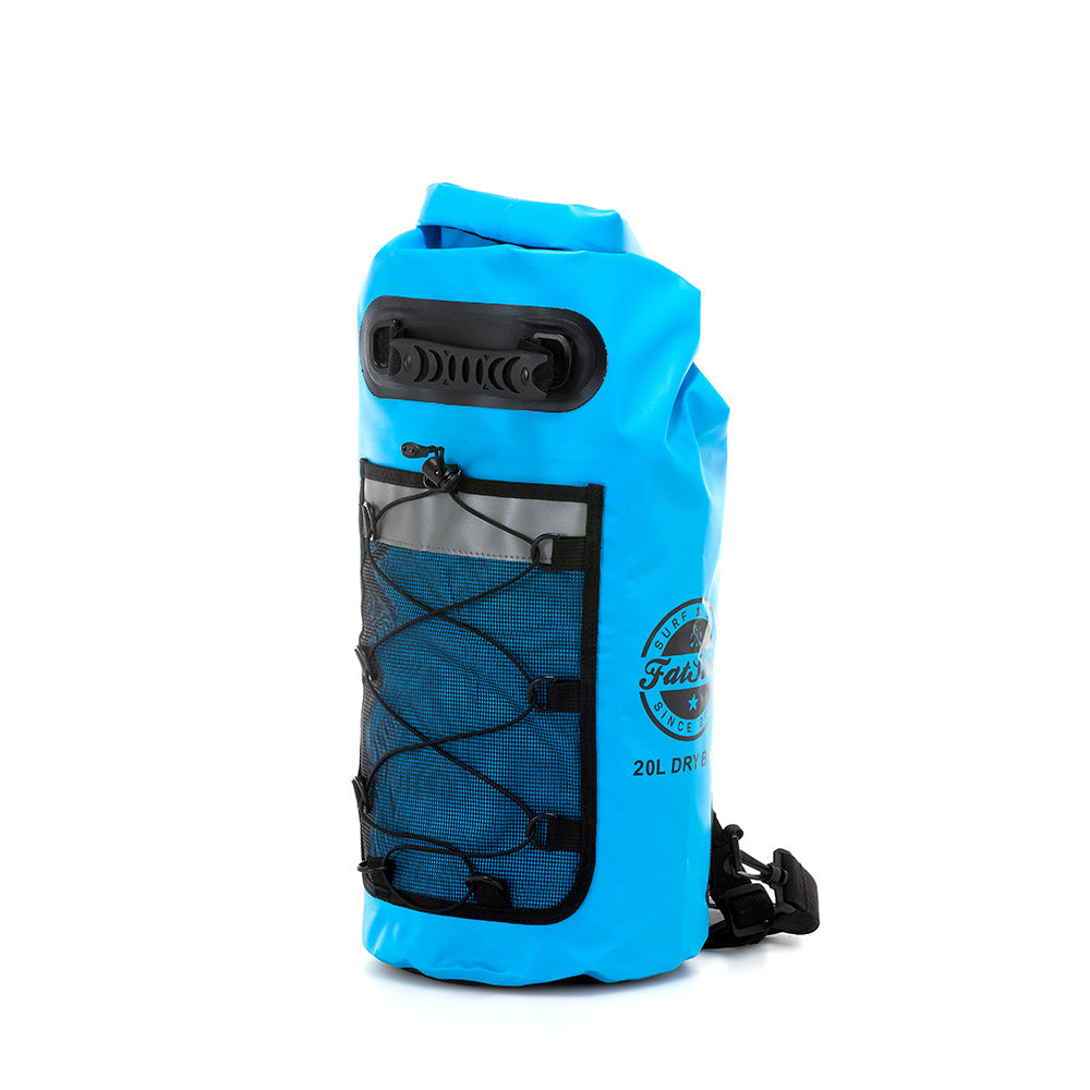 Front view of blue 20Ltr FatStick Dry Bag & Backpack, highlighting the black elasticated mesh pocket and carry buckle.