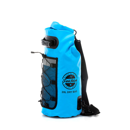 Blue 20Ltr FatStick Dry Bag & Backpack at an angle, displaying the front mesh pocket, carry handle, and black shoulder strap.