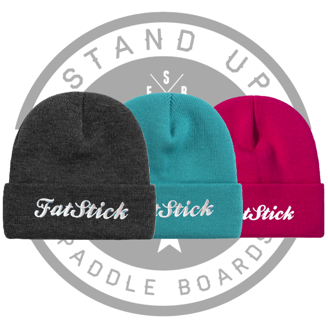Three FatStick Beanie Hats in dark grey, teal, and pink with a white FatStick logo embroidered on the front