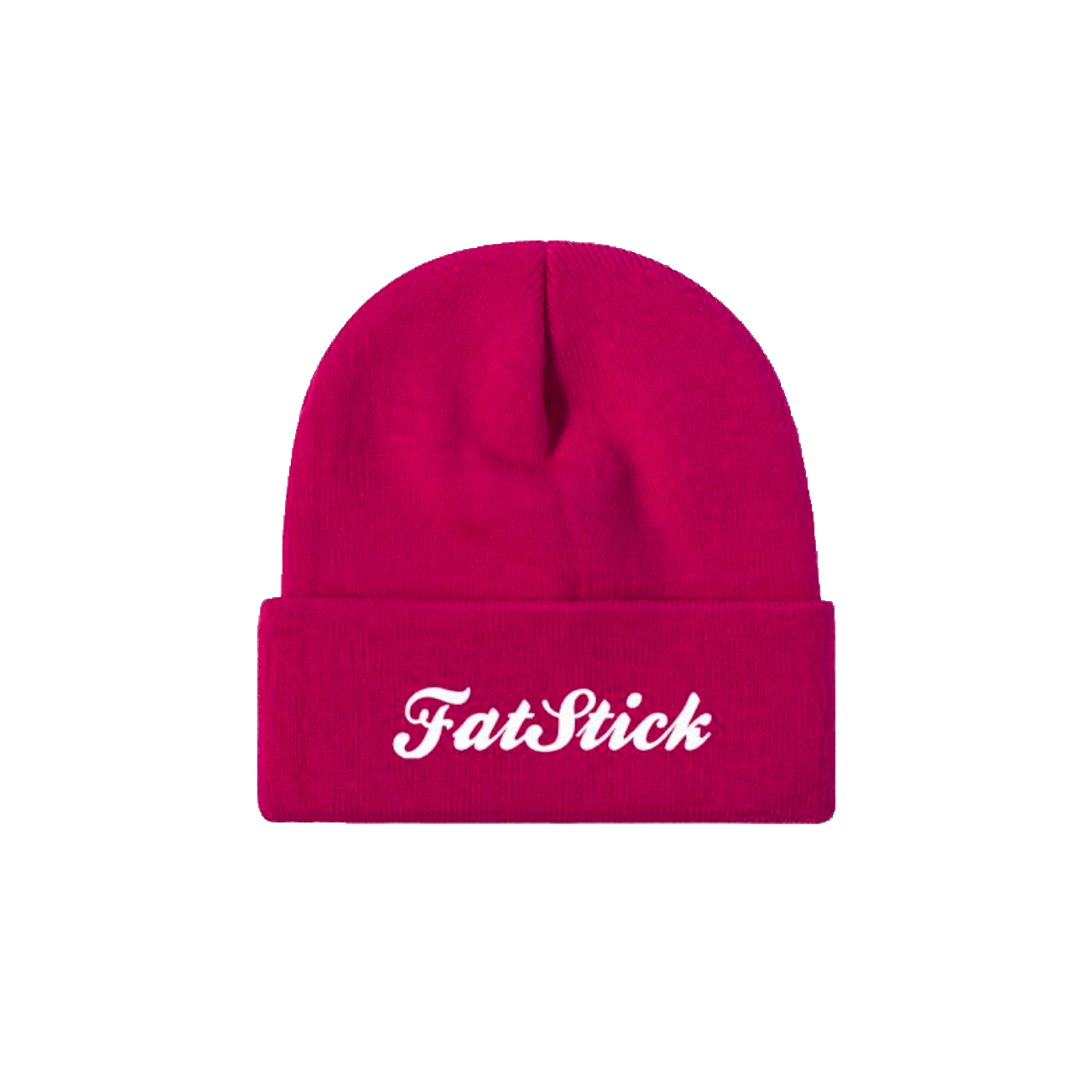 Bright pink FatStick Beanie Hat with a white FatStick logo embroidered on the folded brim