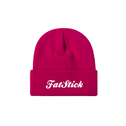 Bright pink FatStick Beanie Hat with a white FatStick logo embroidered on the folded brim