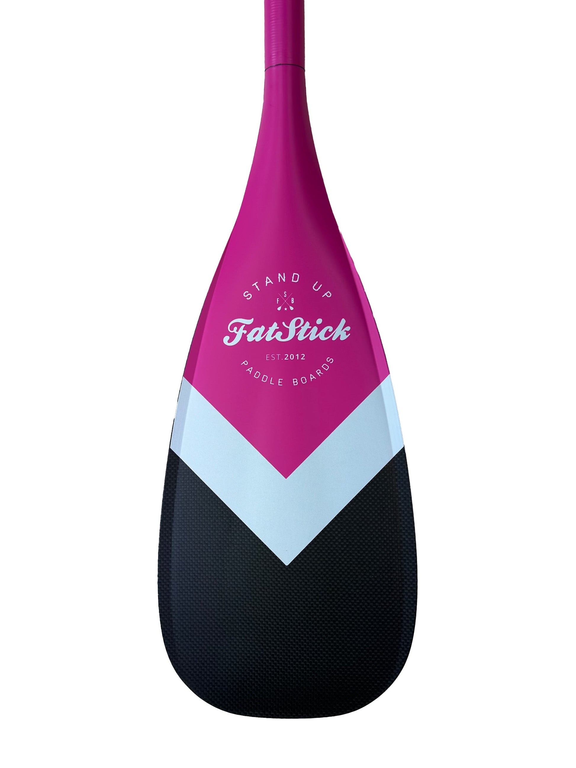 Front view of the pink full carbon paddle board paddle blade with FatStick Boards logo.