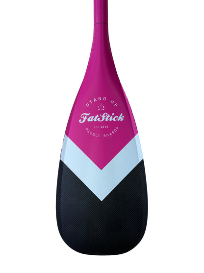 Front view of the pink full carbon paddle board paddle blade with FatStick Boards logo.
