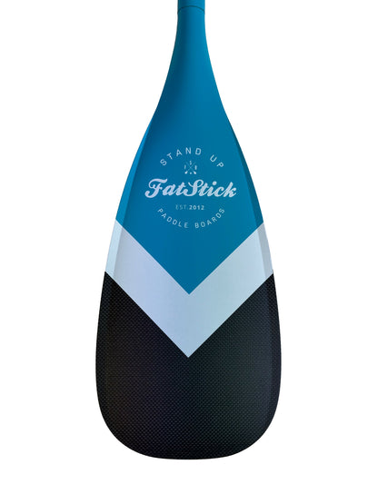 Front view of the blue full carbon paddle board paddle blade with FatStick Boards logo.