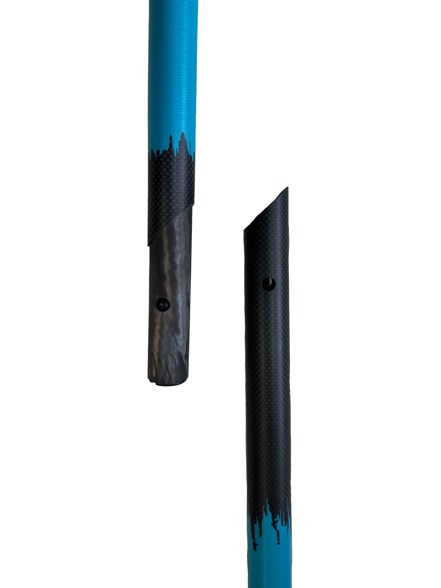 Close up of the dissembled section of the blue full carbon paddle board paddle, showing the carbon fiber construction.