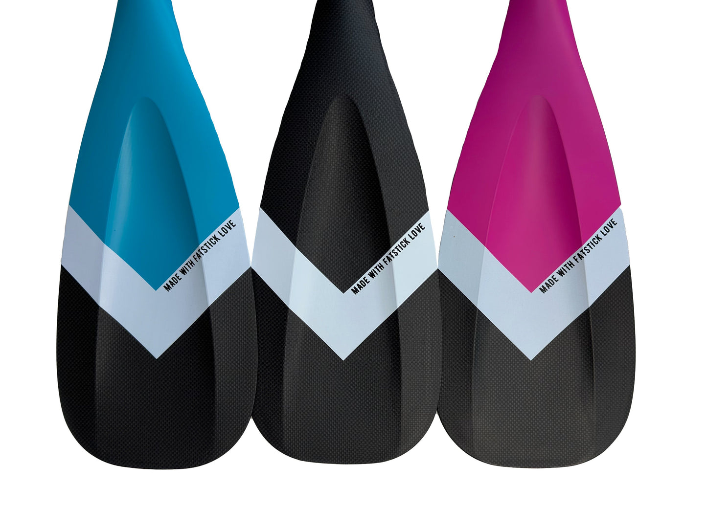 Close up view of the bottom of three FatStick Boards full carbon paddle board paddles in blue, black, and pink.