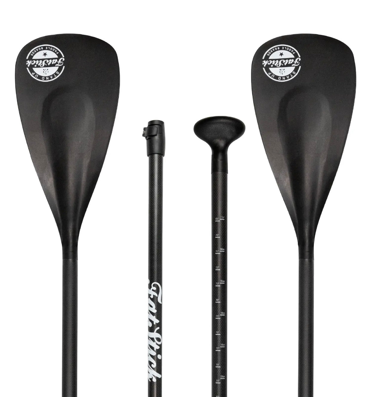 The two paddle blades, one connecting piece and the T-bar handle of the FatStick 4 Piece Carbon Shaft Paddle.