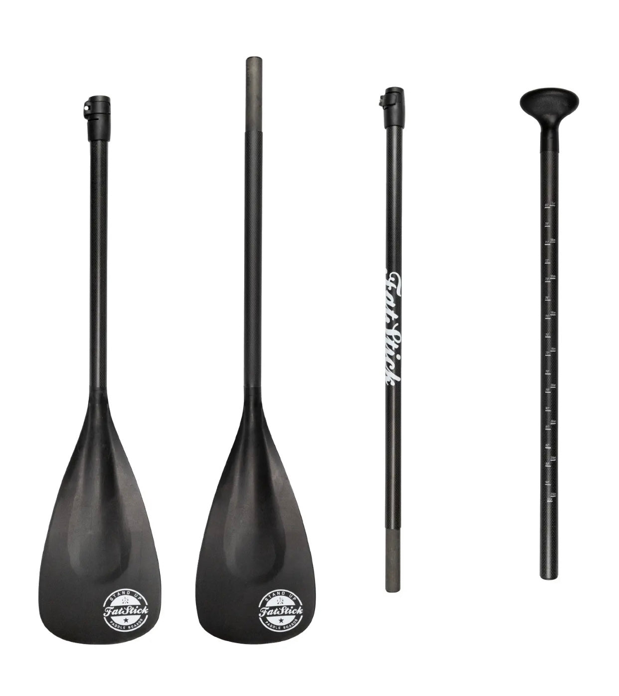 All four pieces of the disassembled FatStick 4 Piece Carbon Shaft Paddle laid flat on a white background.