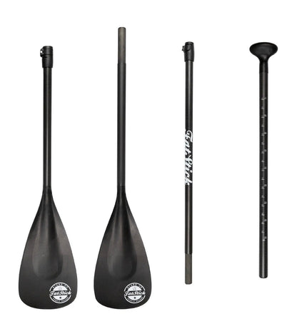 All four pieces of the disassembled FatStick 4 Piece Carbon Shaft Paddle laid flat on a white background.