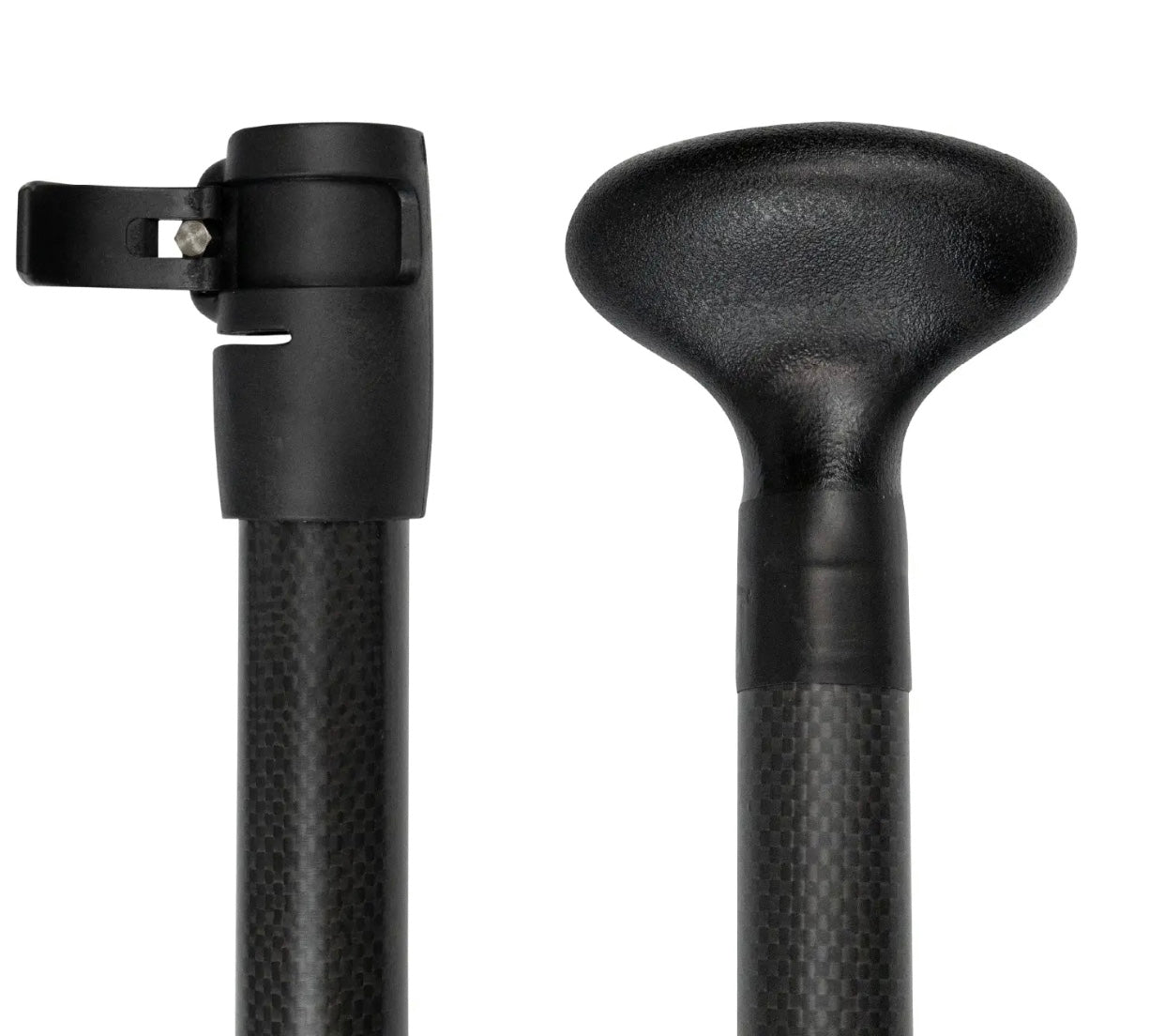 Close-up of the adjustable connection joint and T-bar handle of the FatStick carbon shaft paddle.
