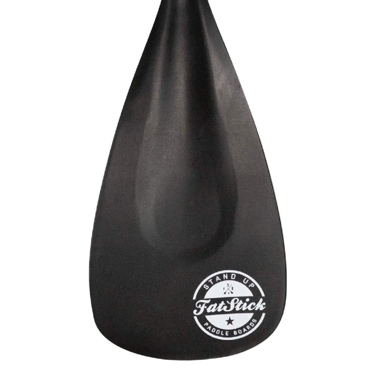 Close-up of the black paddle blade of the FatStick 4 Piece Carbon Shaft Paddle Board/KAYAK Paddle with logo.