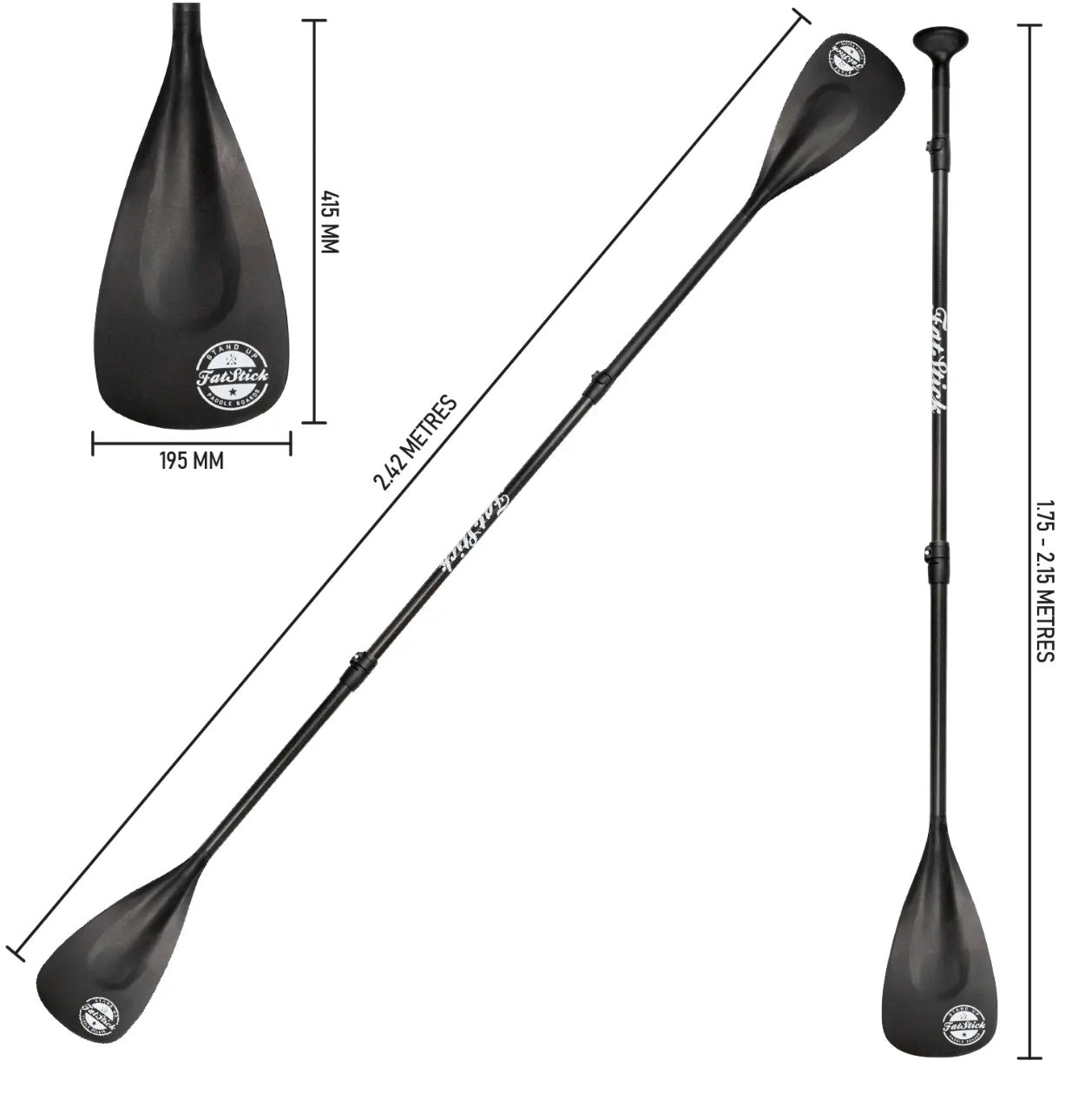 Three views of the FatStick 4 Piece Carbon Shaft Paddle. Stand up paddle and kayak paddle configurations are shown with measurements.