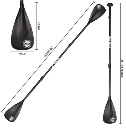 Three views of the FatStick 4 Piece Carbon Shaft Paddle. Stand up paddle and kayak paddle configurations are shown with measurements.