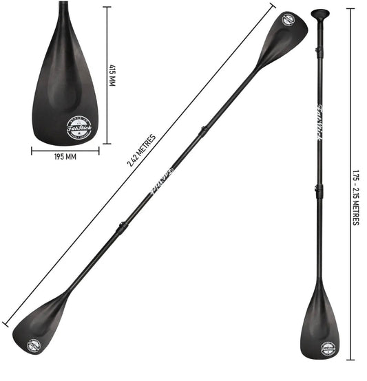 Three views of the FatStick 4 Piece Carbon Shaft Paddle. Stand up paddle and kayak paddle configurations are shown with measurements.