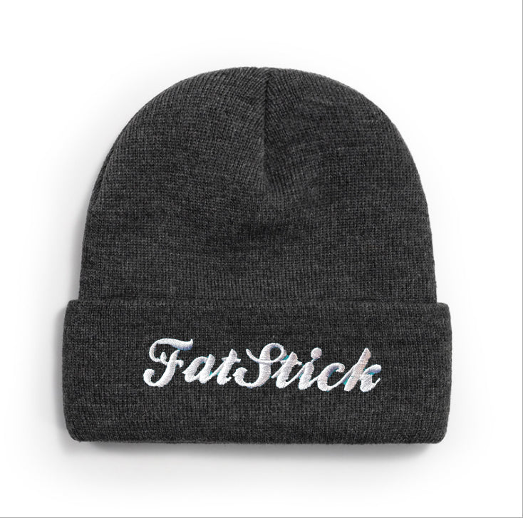 Dark grey FatStick Beanie Hat with a white FatStick logo embroidered on the folded brim