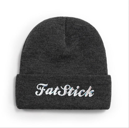 Dark grey FatStick Beanie Hat with a white FatStick logo embroidered on the folded brim