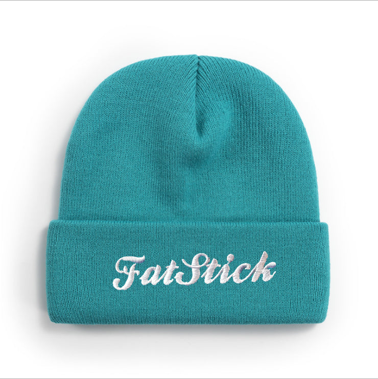 Teal FatStick Beanie Hat with a white FatStick logo embroidered on the folded brim