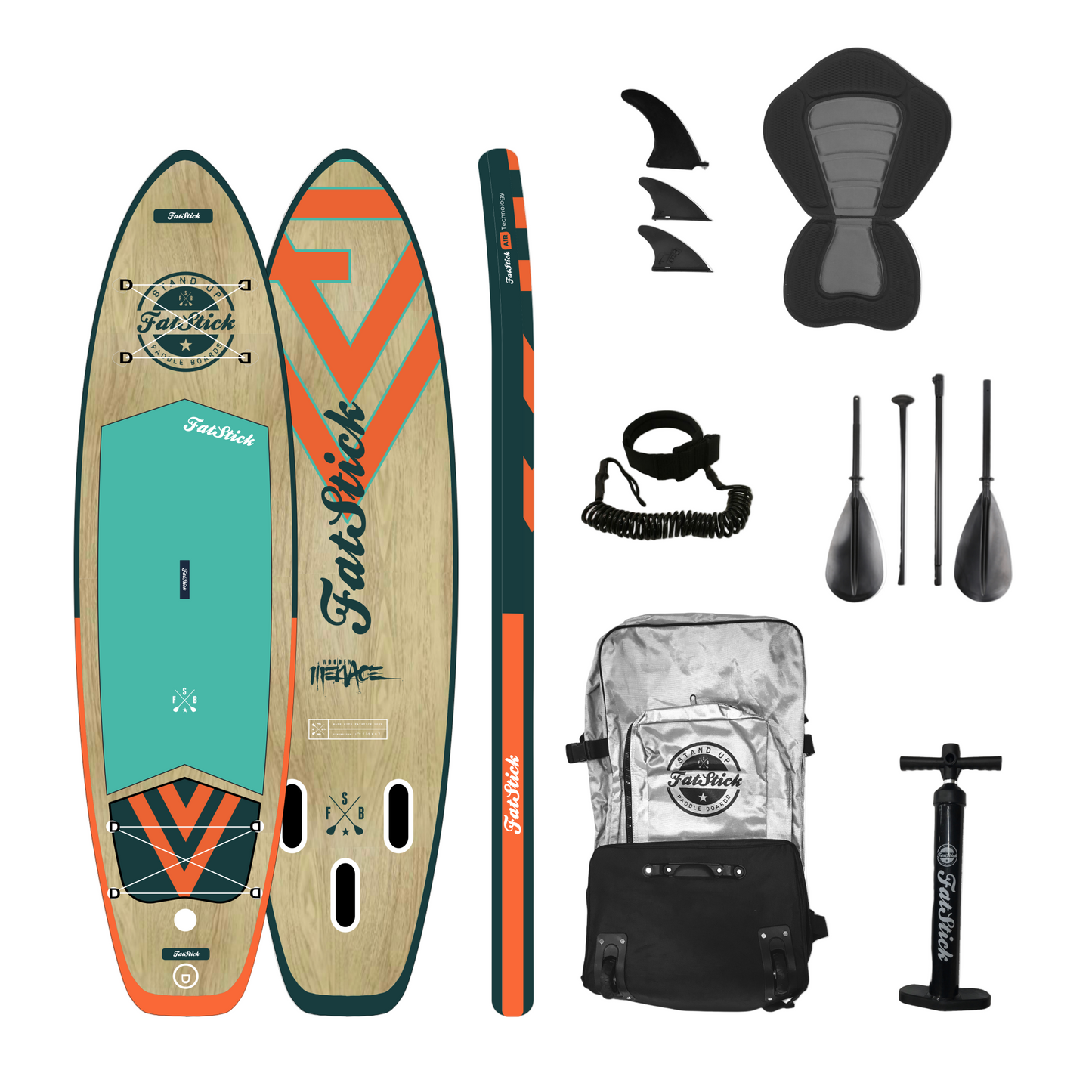 Top down view of the FatStick Wooden Menace 11'2 inflatable paddle board with all accessories. Wood grain board with teal and orange accents, black pump, silver bag, paddles, fins, and seat.