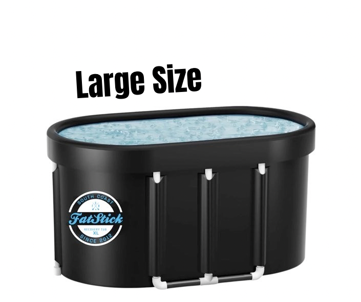Large size oval FatStick Recovery Ice Bath XL filled with cold water and ice on a white background.