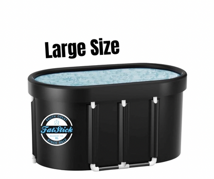 Large size oval FatStick Recovery Ice Bath XL filled with cold water and ice on a white background.