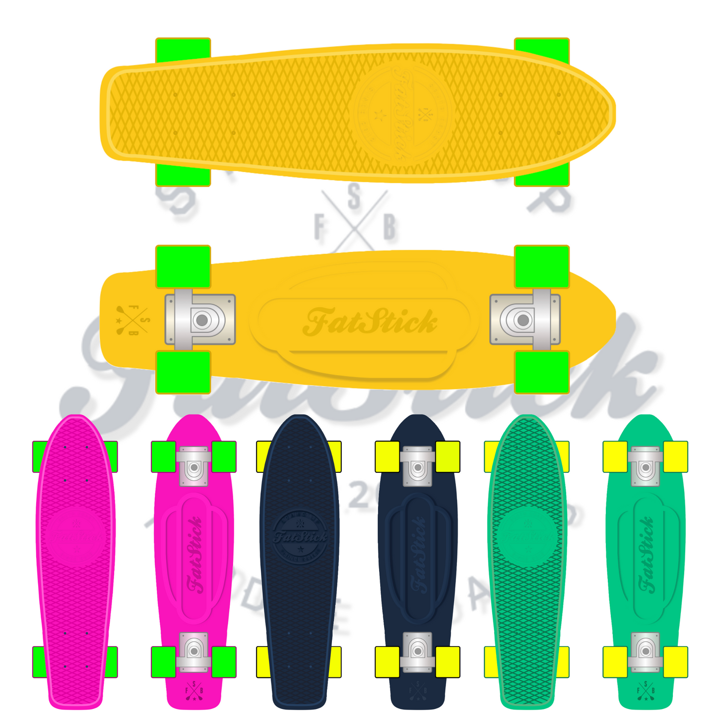 Top and bottom views of a yellow FatStick Mini-Cruiser and a row of five colorful skateboards