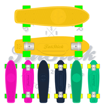Top and bottom views of a yellow FatStick Mini-Cruiser and a row of five colorful skateboards